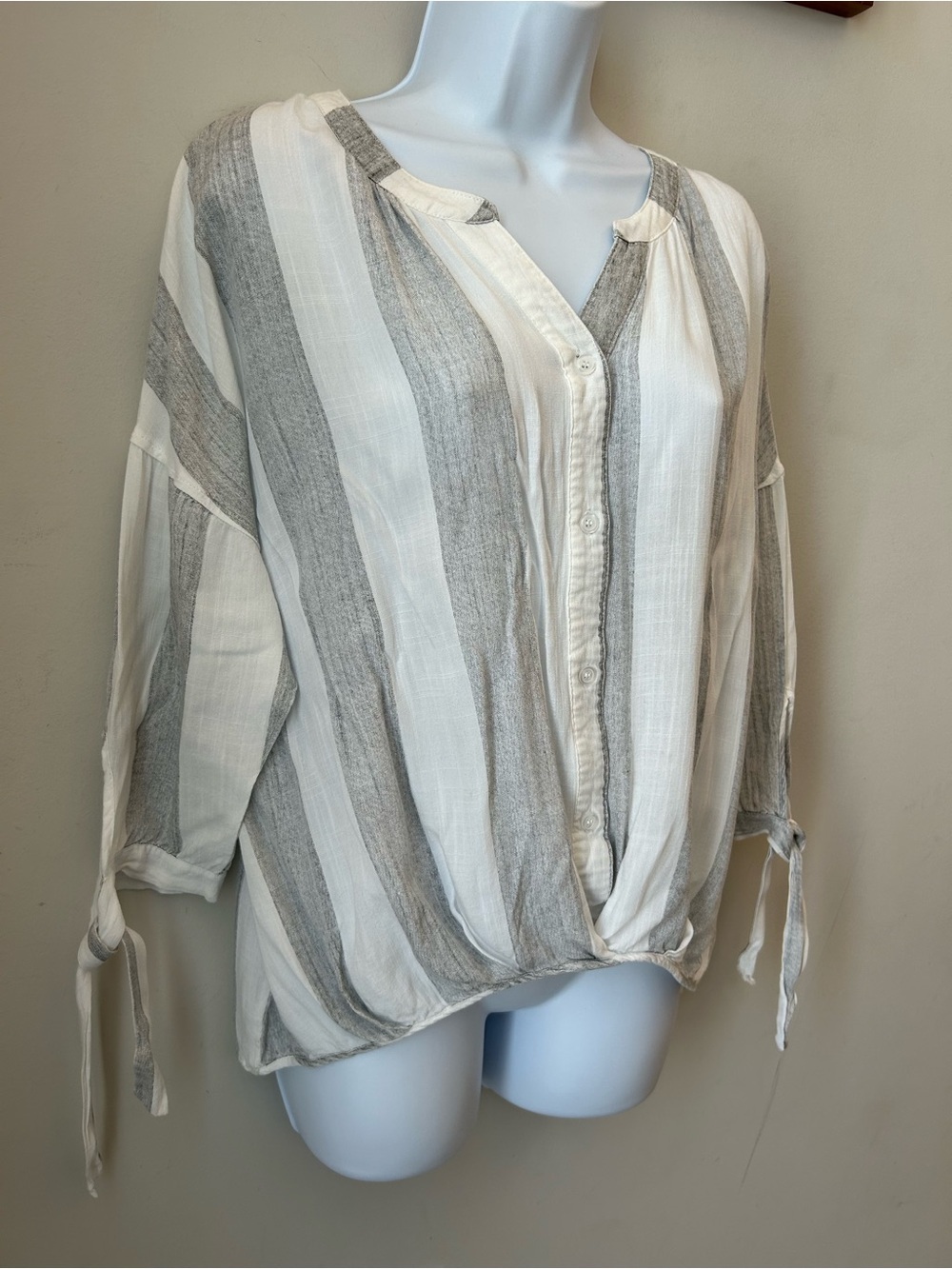 So Perla COTTON Boho Coastal Stripe Wrap Hem Blouse Cottagecore Resort - medium